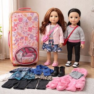 Geoffrey LLC /Toys R Us, Bundle of 2 Dolls & Accessories + Carried Bag